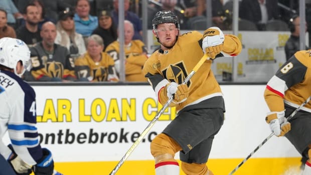 Oct 20, 2022; Las Vegas, Nevada, USA; Vegas Golden Knights center Jack Eichel (9) makes a pass against the Winnipeg Jets during the second period at T-Mobile Arena. Mandatory Credit: Stephen R. Sylvanie-USA TODAY Sports